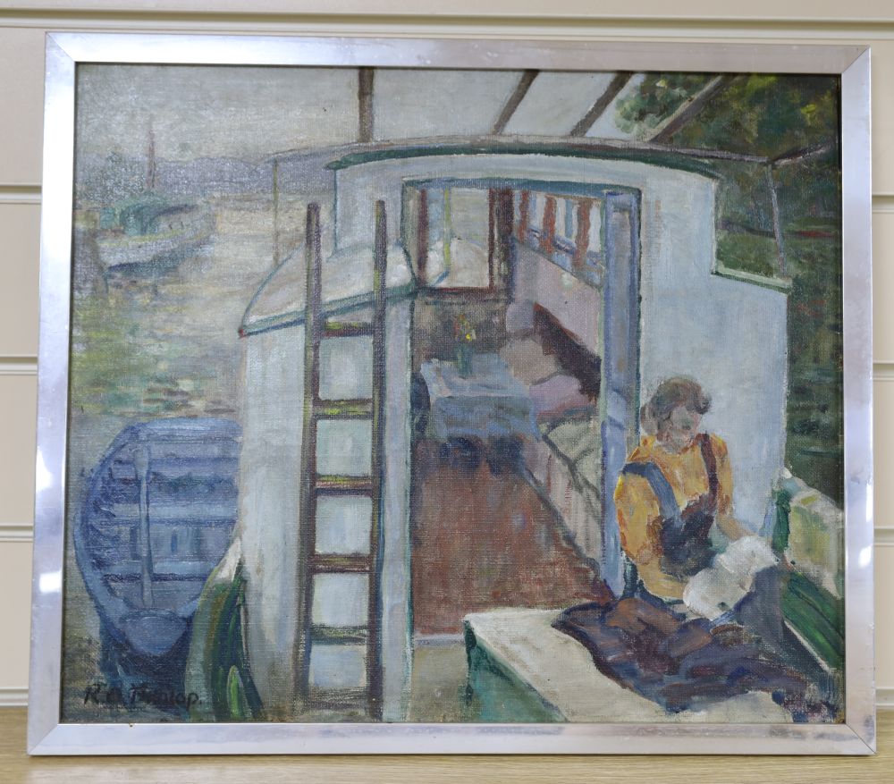 Attributed to Ronald Ossery Dunlop (1894-1973), oil on board, Woman on a canal boat, bears signature, 37 x 43cm